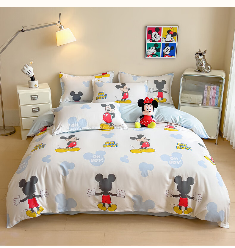 Disney Cute Mickey Cartoon Style 100% Cotton Four-Piece Kids Bedding Set, Pure Cotton Duvet Cover 200x230cm, Disney Bed Linen 18