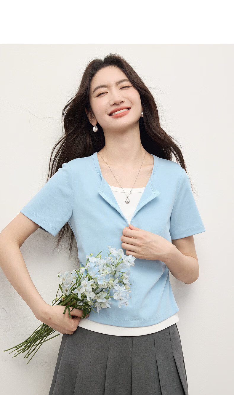 Sllsky Women's Summer 2026 New Slim Fit Shoulder Pleated Waist Short Sleeve Two-Piece Style T-Shirt 18