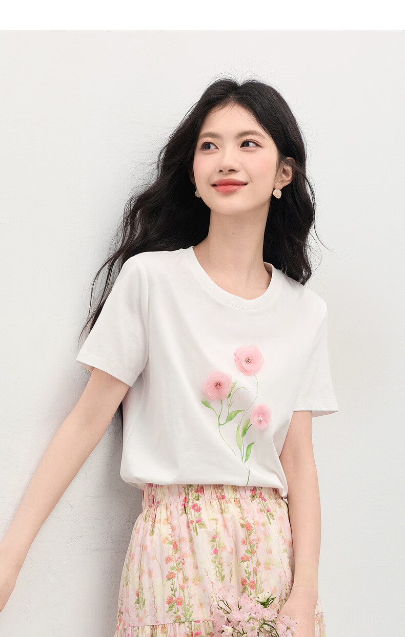 Sllsky Artistic 3D Floral Short Sleeve T-Shirt for Women 2026 Summer New Casual Loose Printed Cool Top 15