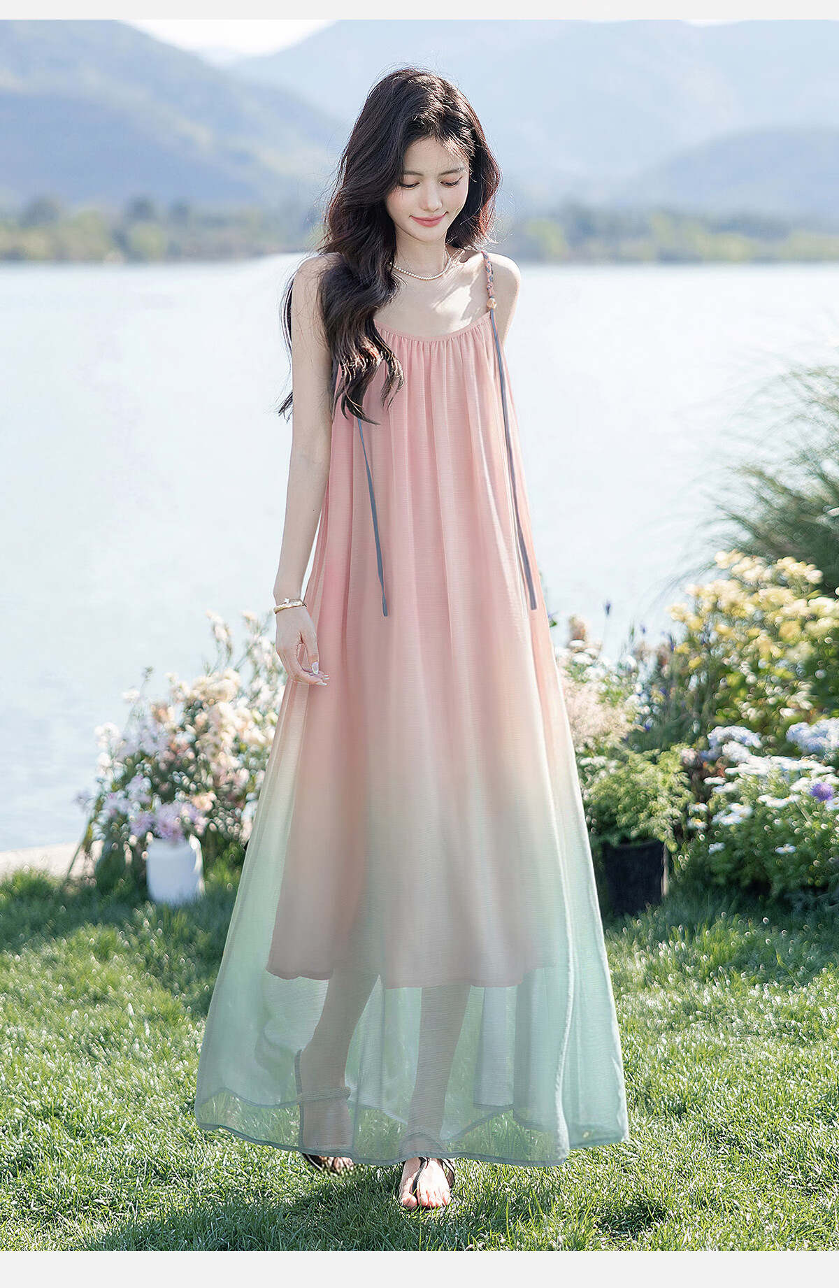 Cypress Gradient Vacation Style Spaghetti Strap Dress for Women 2026 Summer New Fashion Flowing Elegant Long Dress 1