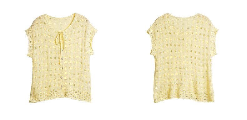 Olrain Summer New Round Neck Tie Single-Breasted Hollow Jacquard Knit Cardigan Women Top Yellow S 19