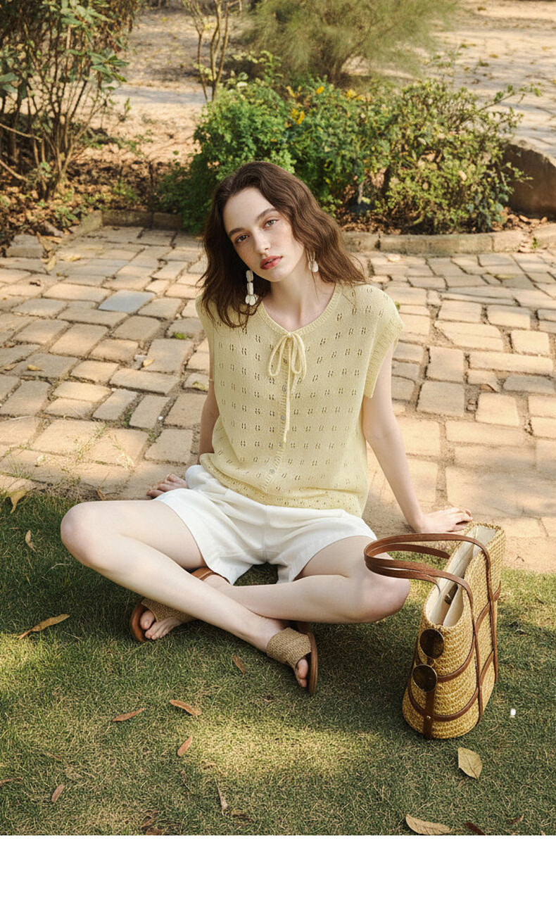 Olrain Summer New Round Neck Tie Single-Breasted Hollow Jacquard Knit Cardigan Women Top Yellow S 10
