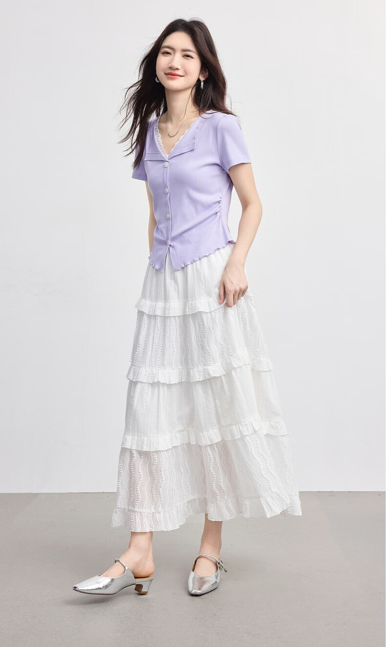 Sllsky Slow Style Lace Splice V-Neck T-Shirt Women Short Sleeve Fashionable Designer Top 2026 Summer New Arrival 5