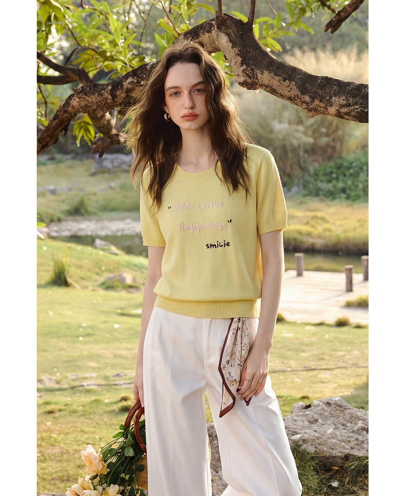 Olrain Summer New Short 3D Letter Embroidered Crew Neck Short Sleeve Knit Top for Women Yellow S 11