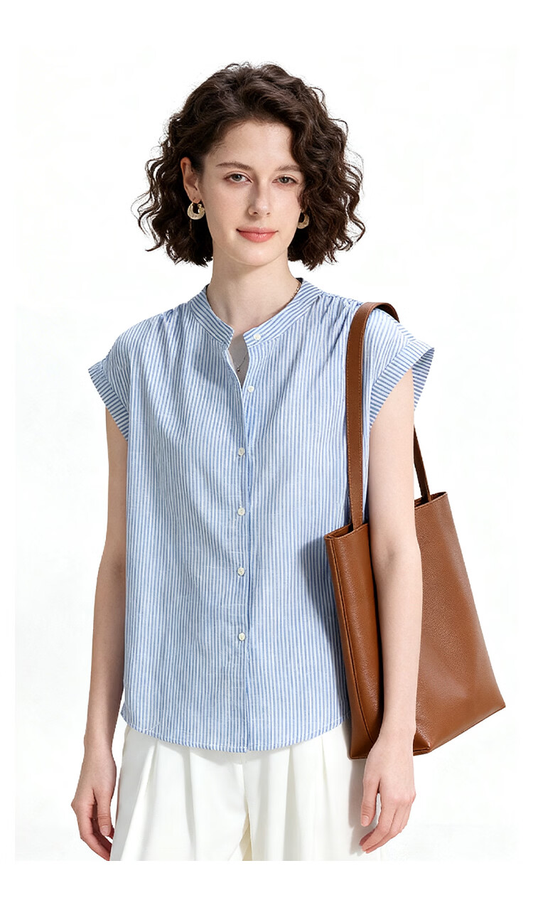 ENC Japanese Style Flutter Sleeve Shirt Summer Girl Fresh Short Sleeve Blue Striped Lazy Feel Shirt Design Top 13