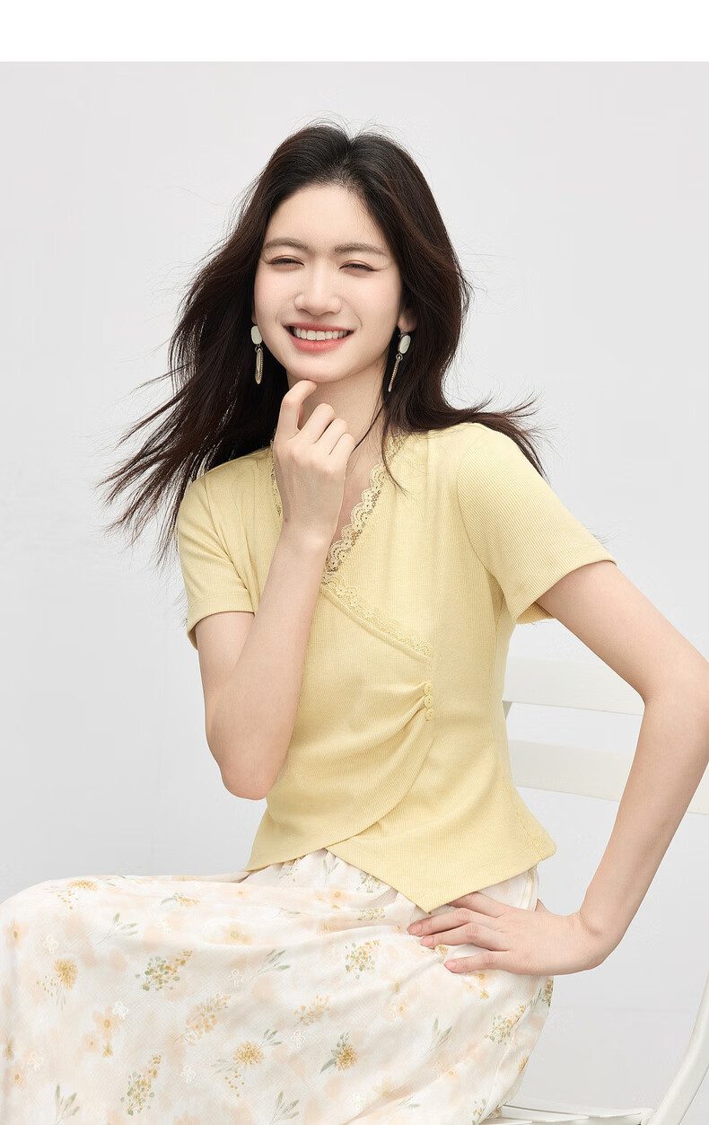 Sllsky Lace Trim V-Neck Short Sleeve T-Shirt Summer Women's Petite Irregular Slim Waist Cropped Top 15