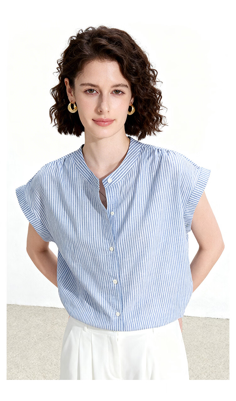 ENC Japanese Style Flutter Sleeve Shirt Summer Girl Fresh Short Sleeve Blue Striped Lazy Feel Shirt Design Top 12