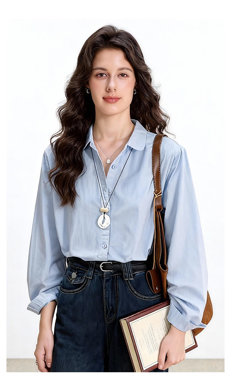 ENC Blue Long Sleeve Shirt Spring Autumn New French Style Designer Niche Casual Commuter Petite Top 11