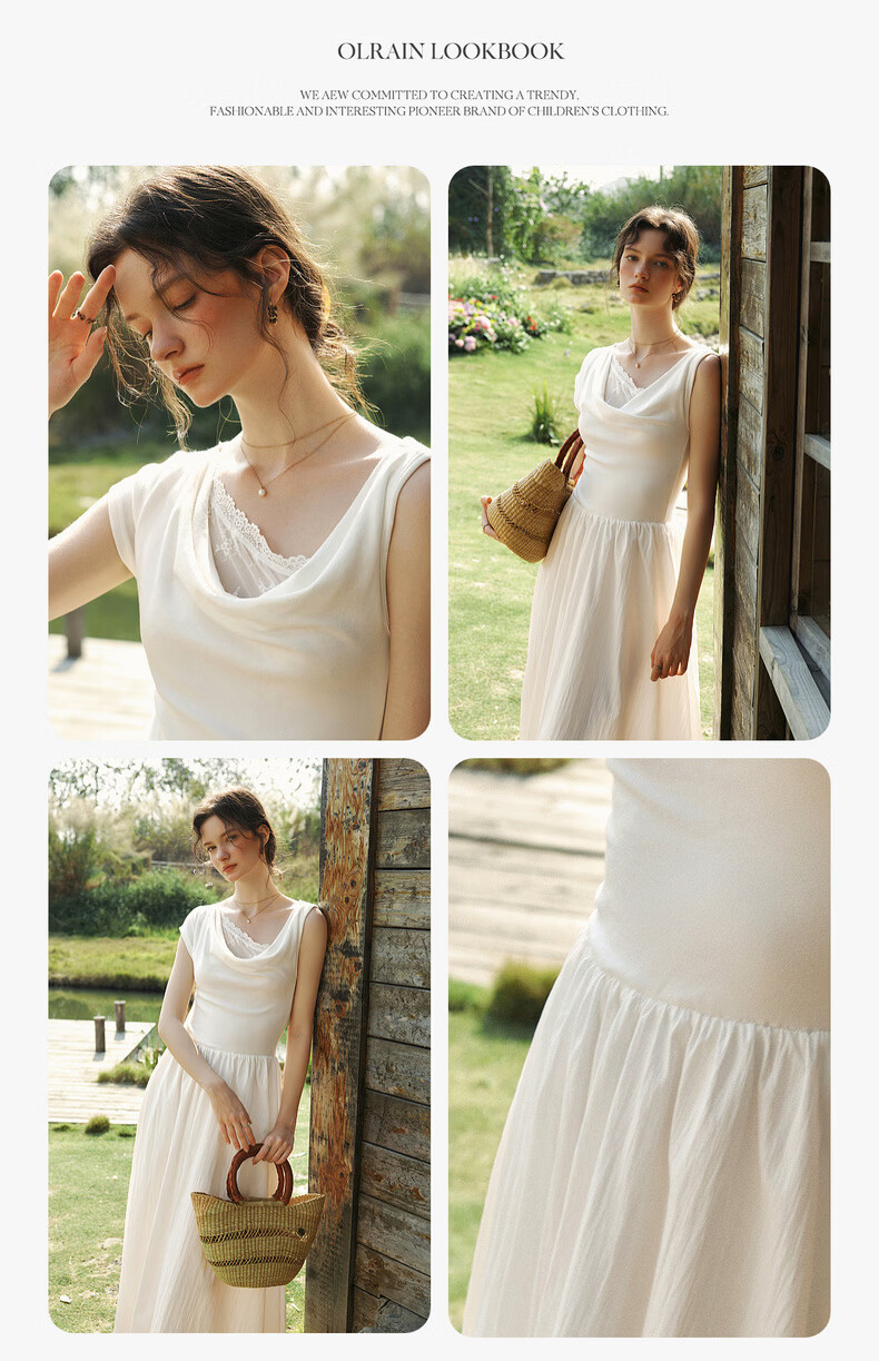 Olrain Eurielle Summer Lyocell Dress French Asymmetric Off-Shoulder Lace Splice Waist Dress White L 6