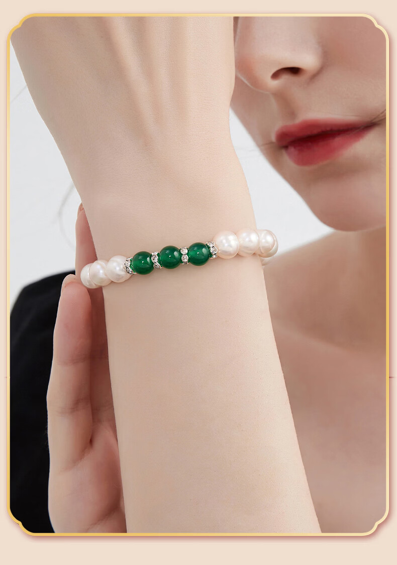 Kovny Selected Green Chalcedony Vintage Elegant Pearl Necklace Bracelet Earrings Three-Piece Set Birthday Gift for Mom 13