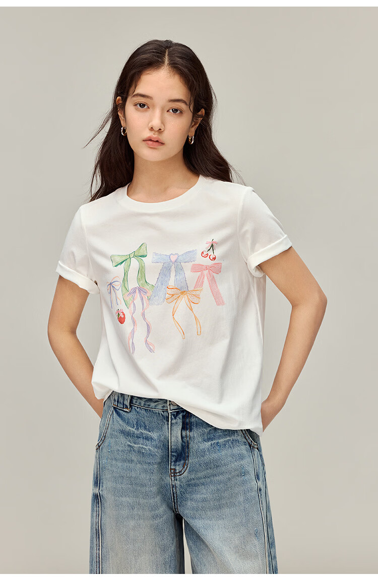 INMAN INMAN [Runway Style] Bow Print Round Neck T-Shirt, Summer 2026 Women's Short-Sleeve Top, White, Size L 18