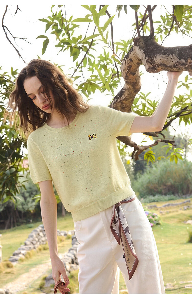 Olrain Casual Simple Color Dot Yarn Pony Embroidery Knit Pullover Women's Summer Top Yellow S 29