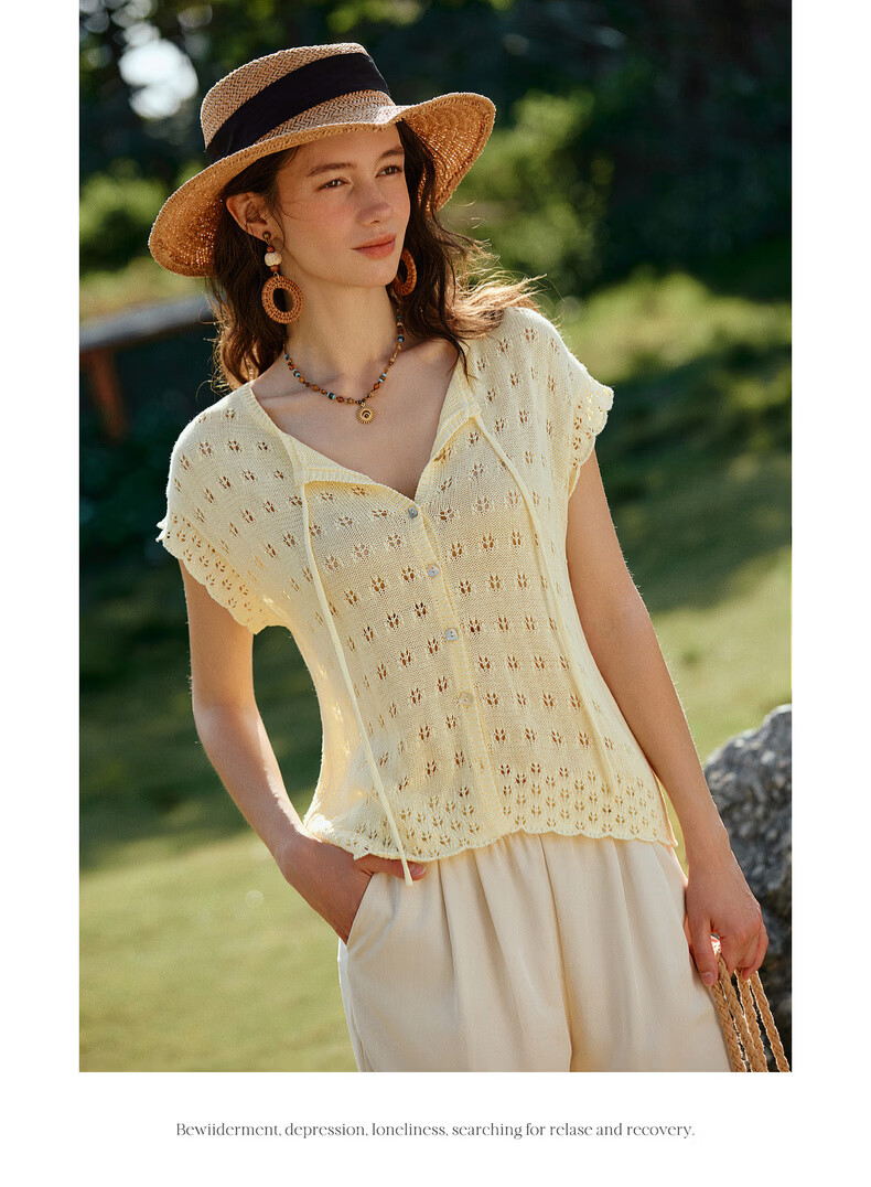 Olrain Summer New Round Neck Tie Single-Breasted Hollow Jacquard Knit Cardigan Women Top Yellow S 14