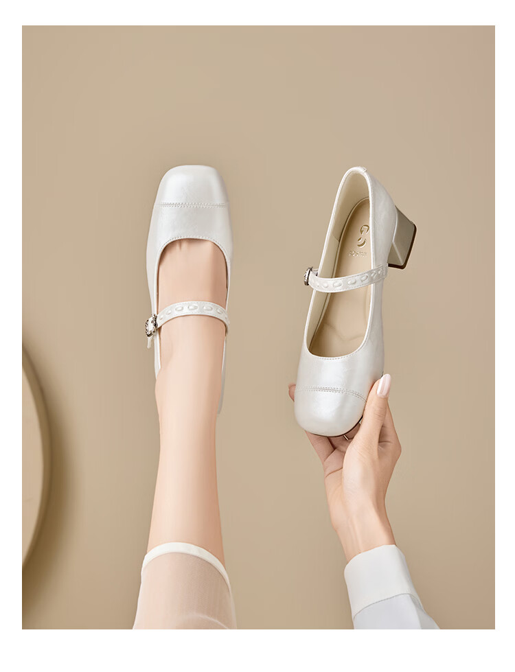 Zhuoshini Women's French Mary Jane Shoes 2026 Spring New Thick Heel Elegant Skirt Matching Low-Cut Flats Off-White Size 38 14