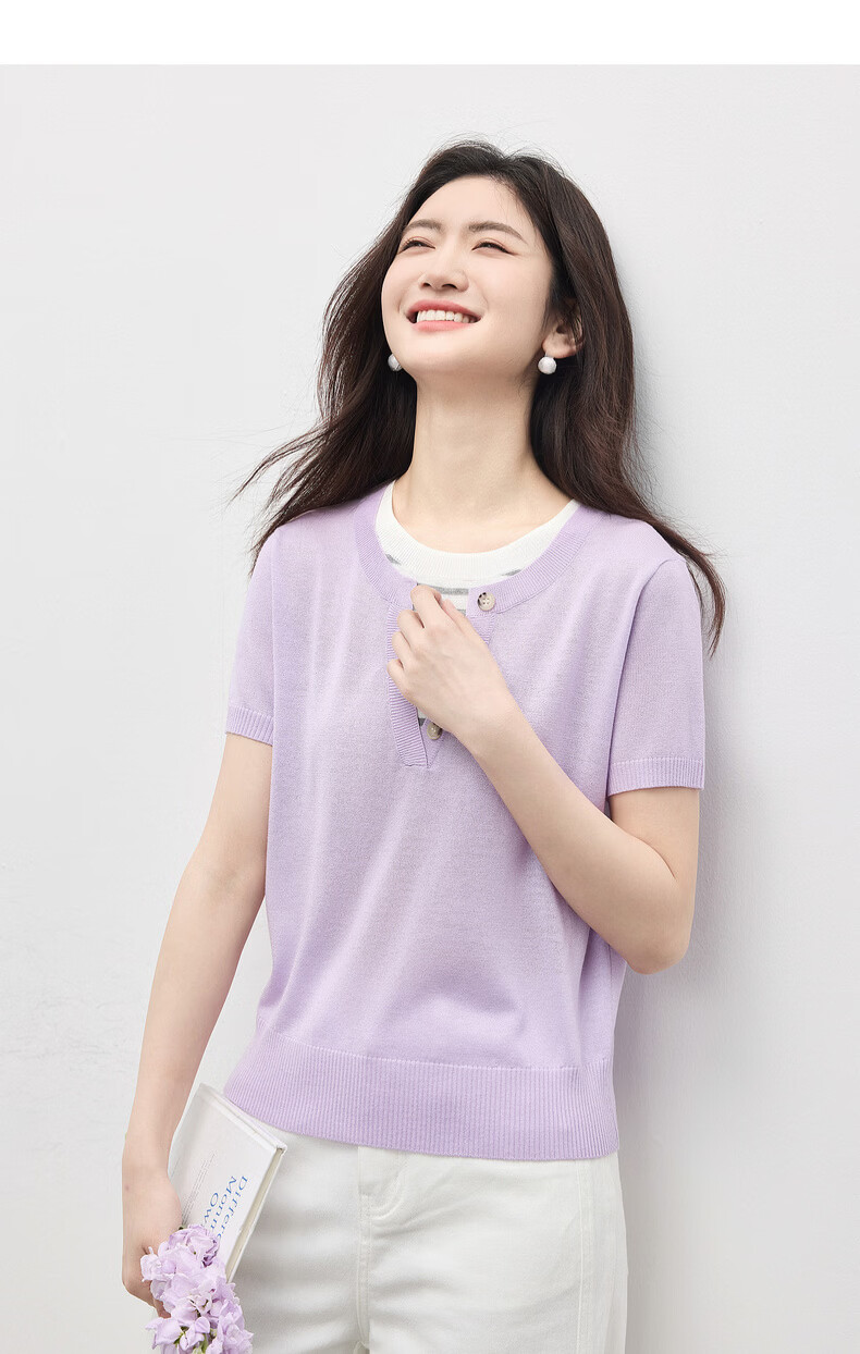 Sllsky Women's Purple Striped Patchwork Knit Top Thin Round Neck Short Sleeve 2026 Summer 15