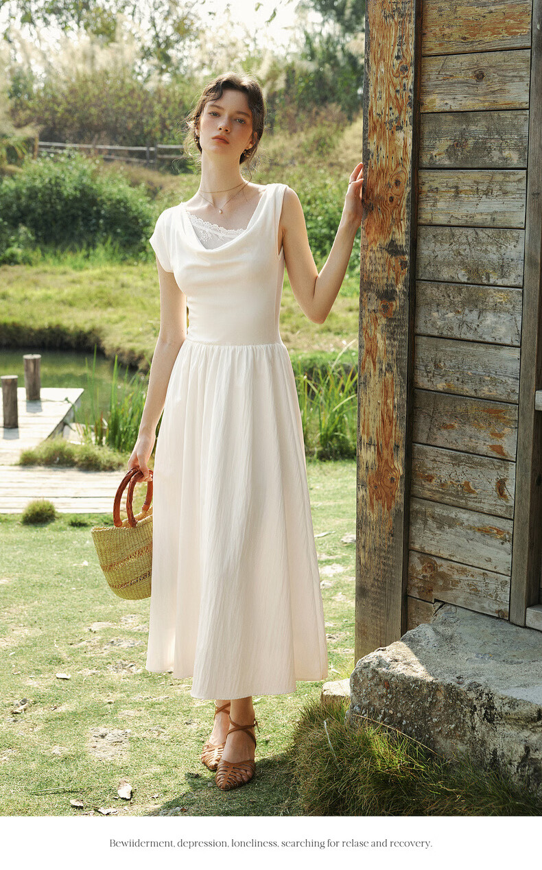 Olrain Eurielle Summer Lyocell Dress French Asymmetric Off-Shoulder Lace Splice Waist Dress White L 8