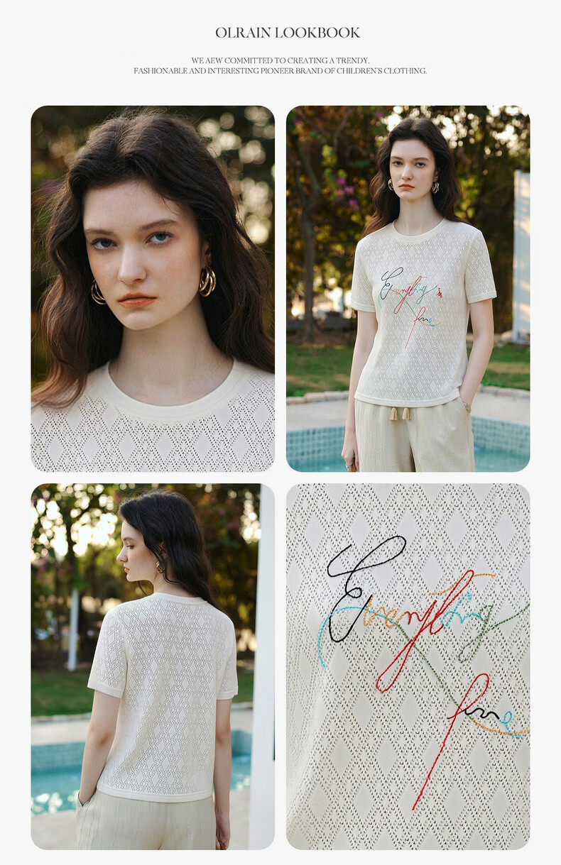 Olrain Summer New Round Neck Textured Hollow Jacquard Embroidered Short Sleeve Knit T-Shirt Women Off-White M 5