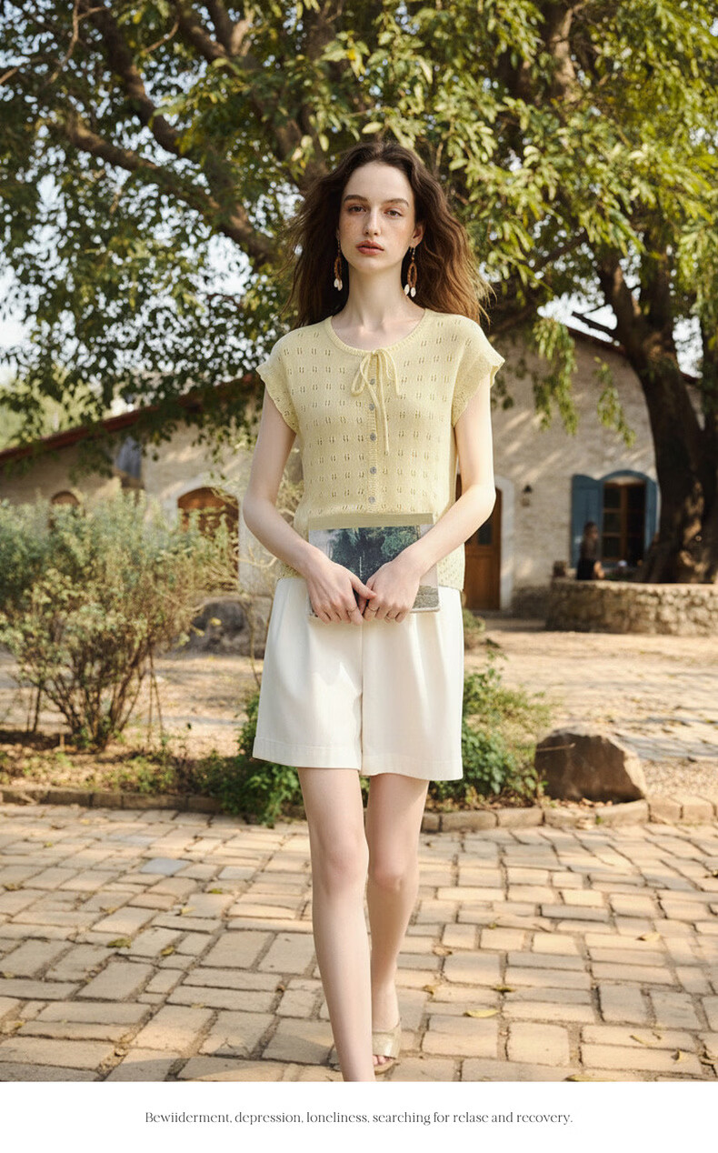 Olrain Summer New Round Neck Tie Single-Breasted Hollow Jacquard Knit Cardigan Women Top Yellow S 9