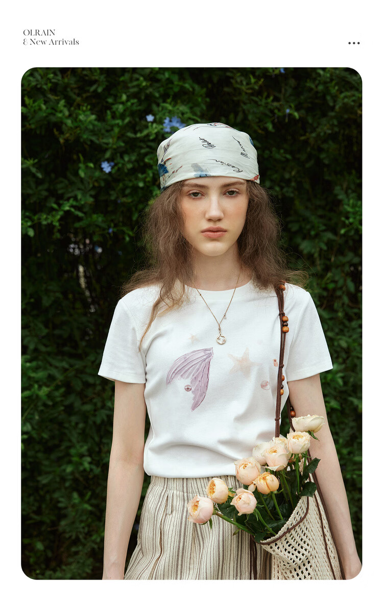 Olrain Eurielle Summer New Fun Colorblock Ocean Print Crew Neck Short Sleeve T-Shirt Women Casual Top White M 2
