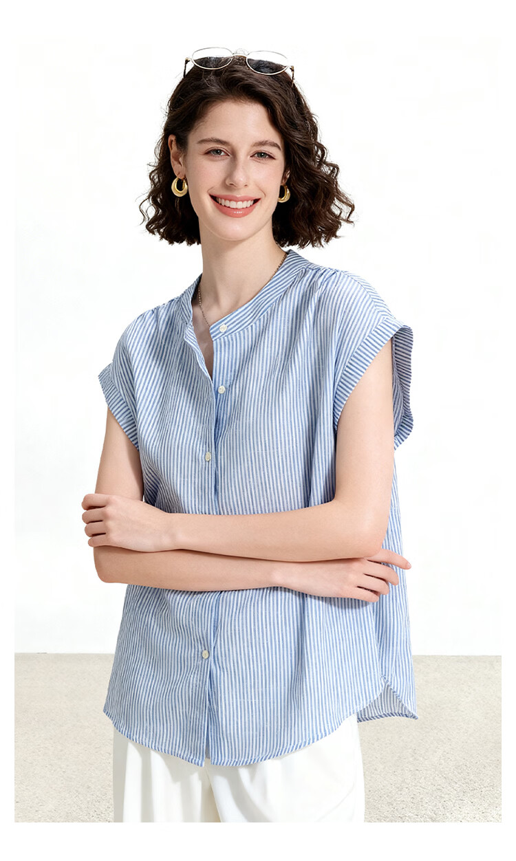 ENC Japanese Style Flutter Sleeve Shirt Summer Girl Fresh Short Sleeve Blue Striped Lazy Feel Shirt Design Top 7