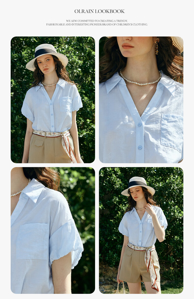Olrain Eurier Summer New Tencel Puff Sleeve V-Neck Short Sleeve Shirt Women Loose Commuting Top Blue S 6