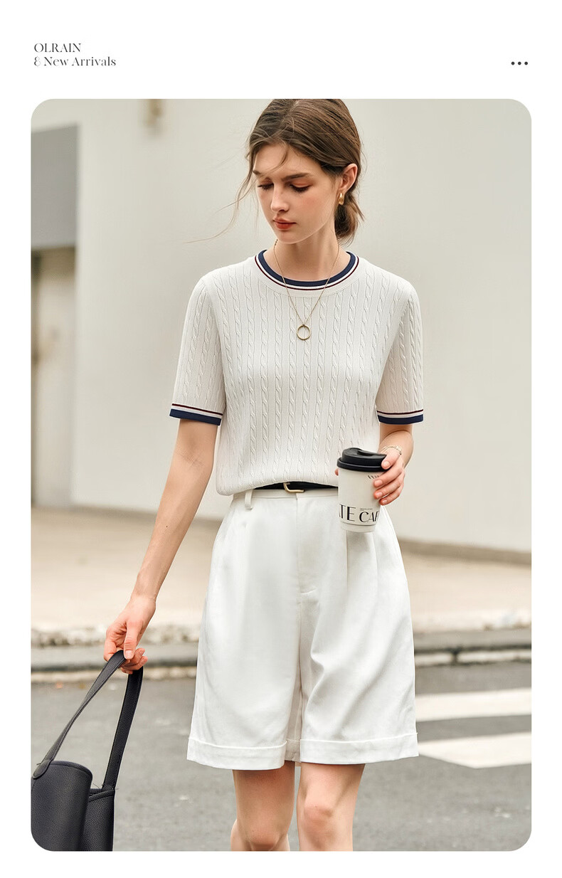 Olrain Women's Summer Casual Narrow Edge Color-Block Round Neck 3D Cable Knit Sweater Top White S 2