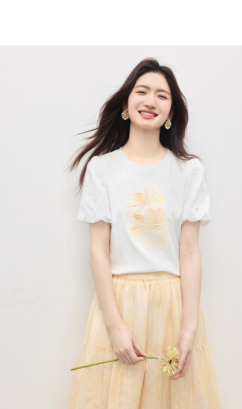 Sllsky "Good Luck Lotus" Bud Short Sleeve T-Shirt Women 2026 Summer Plant Print Crew Neck Top 16