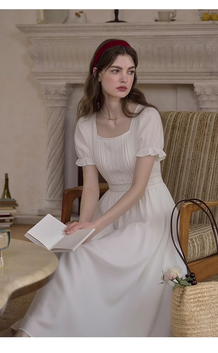 Olrain Lace Short Sleeve Square Neck Dress Summer Women's French Country Mid-Length Dress Off-White M 15