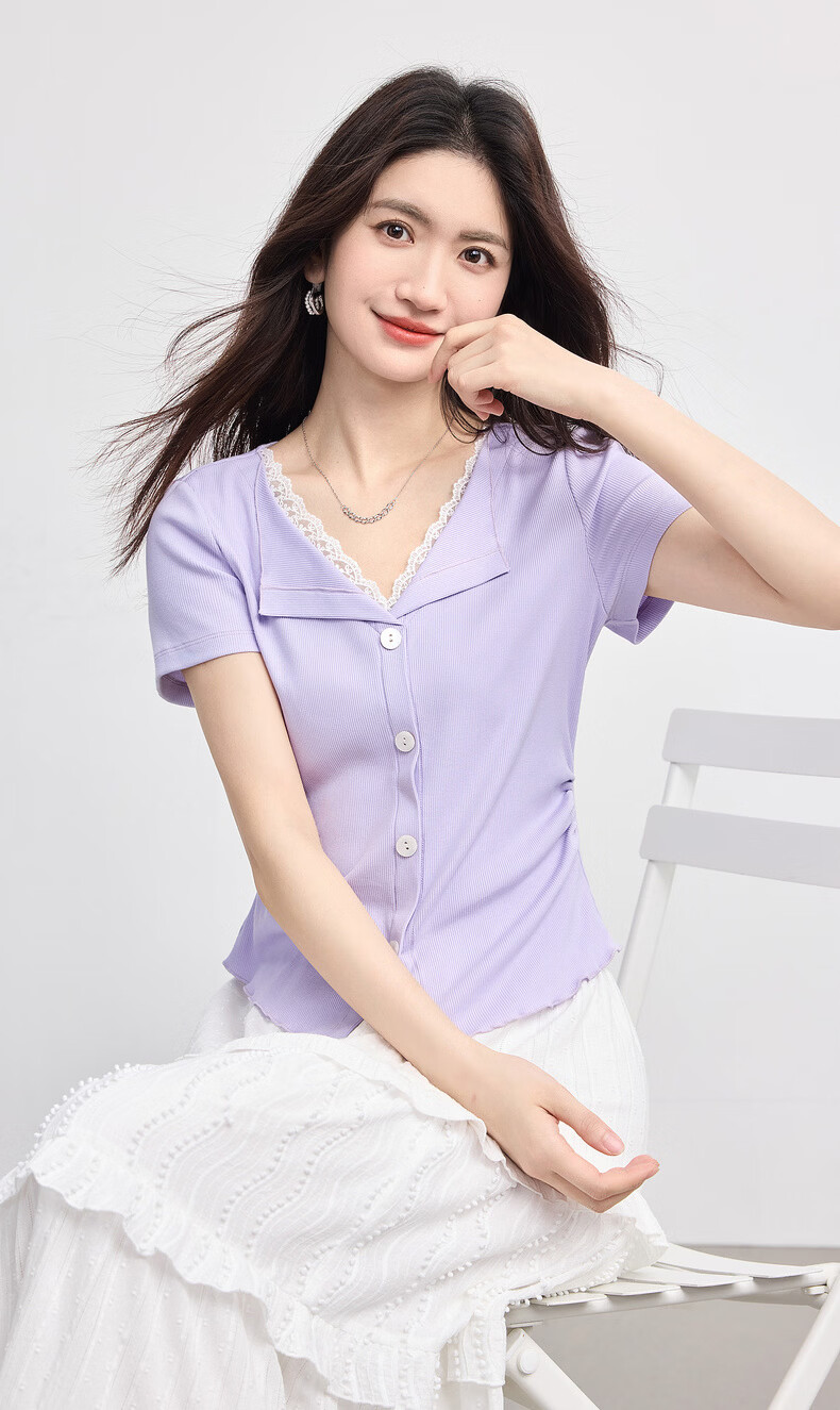 Sllsky Slow Style Lace Splice V-Neck T-Shirt Women Short Sleeve Fashionable Designer Top 2026 Summer New Arrival 2