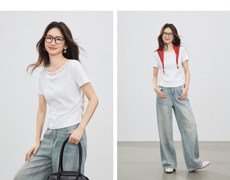 Shangdu Bila Korean Style Elegant Cotton Blend T-Shirt Women Summer Beaded Lace Round Neck Knit Top Slim Fit Short Sleeve Inner Wear 34