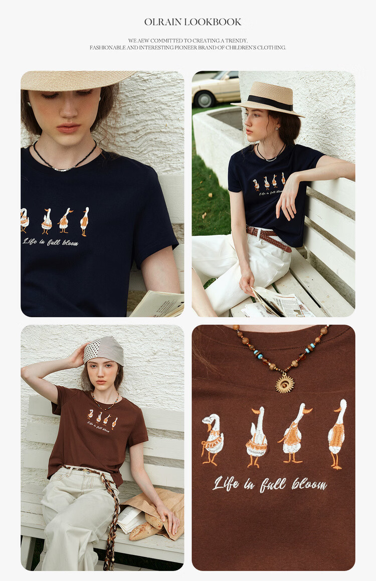 Olrain Eurier New Summer Casual Simple Embroidered Design Crew Neck Pullover Short Sleeve T-Shirt for Women Navy Blue M 6