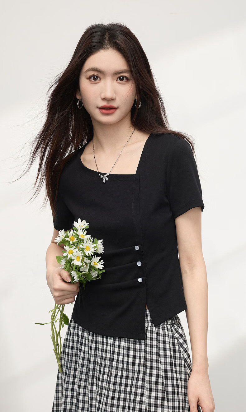 Sllsky Irregular Pleated Waist-Slimming Short Sleeve T-Shirt Women Summer Designer Short Square Neck Top 2