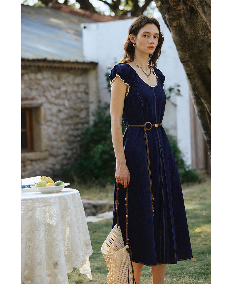 Olrain Eurielle Summer New Retro U-Neck Waist-Slimming Fitted Versatile Denim Dress for Women Denim Blue S 11