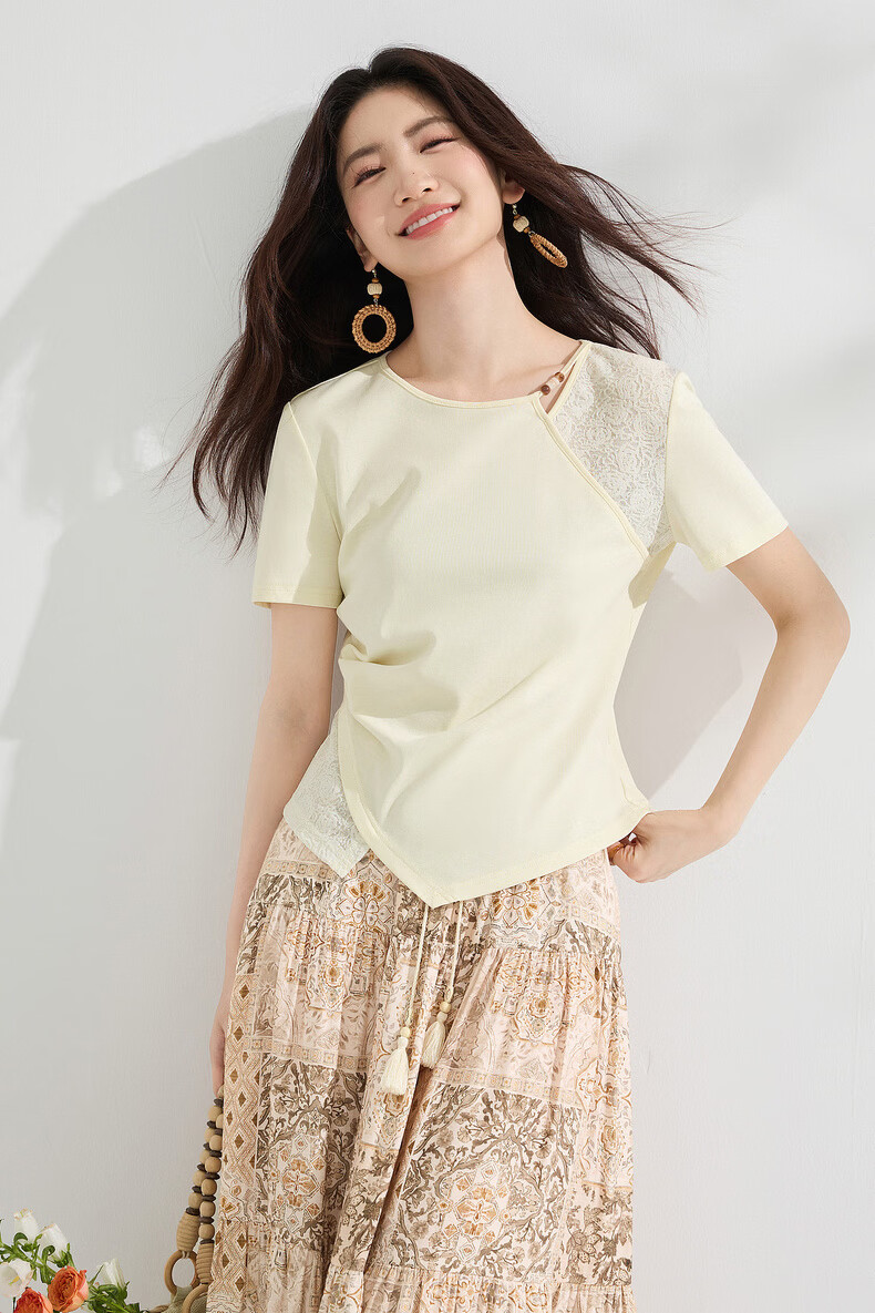 Shangdu Bila Gentle Elegant Cotton Blend T-Shirt Women Summer Beaded Round Neck Lace Splice Stretch Knit Short Sleeve Top 17
