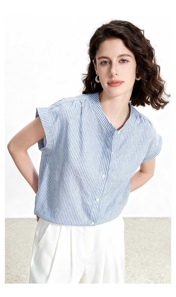 ENC Japanese Style Flutter Sleeve Shirt Summer Girl Fresh Short Sleeve Blue Striped Lazy Feel Shirt Design Top 8