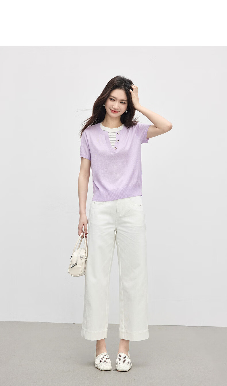 Sllsky Women's Purple Striped Patchwork Knit Top Thin Round Neck Short Sleeve 2026 Summer 18
