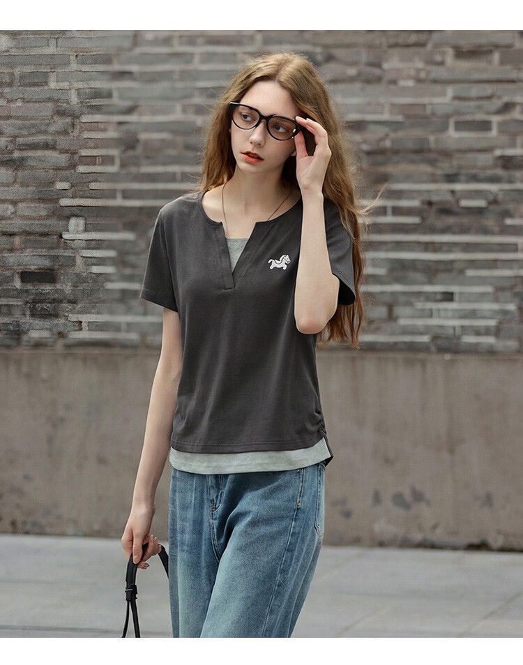 TonLion 2026 Summer Women's Color-Block Short Sleeve T-Shirt, Faux Two-Piece Spliced Casual Versatile Premium Women's Tee 6