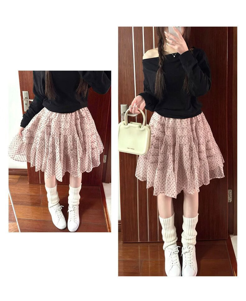Langsha Pink Polka Dot High-Waist A-Line Mini Skirt Women's Summer 2026 Slimming Puffy Cake Skirt for Petite 11