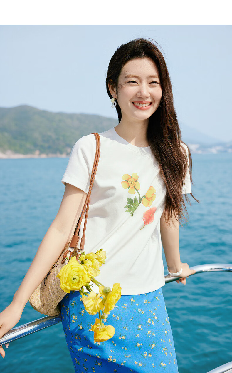 Sllsky Korean Style Floral Print Short Sleeve T-Shirt for Women 2026 Summer New Versatile Youthful Cropped Top 16