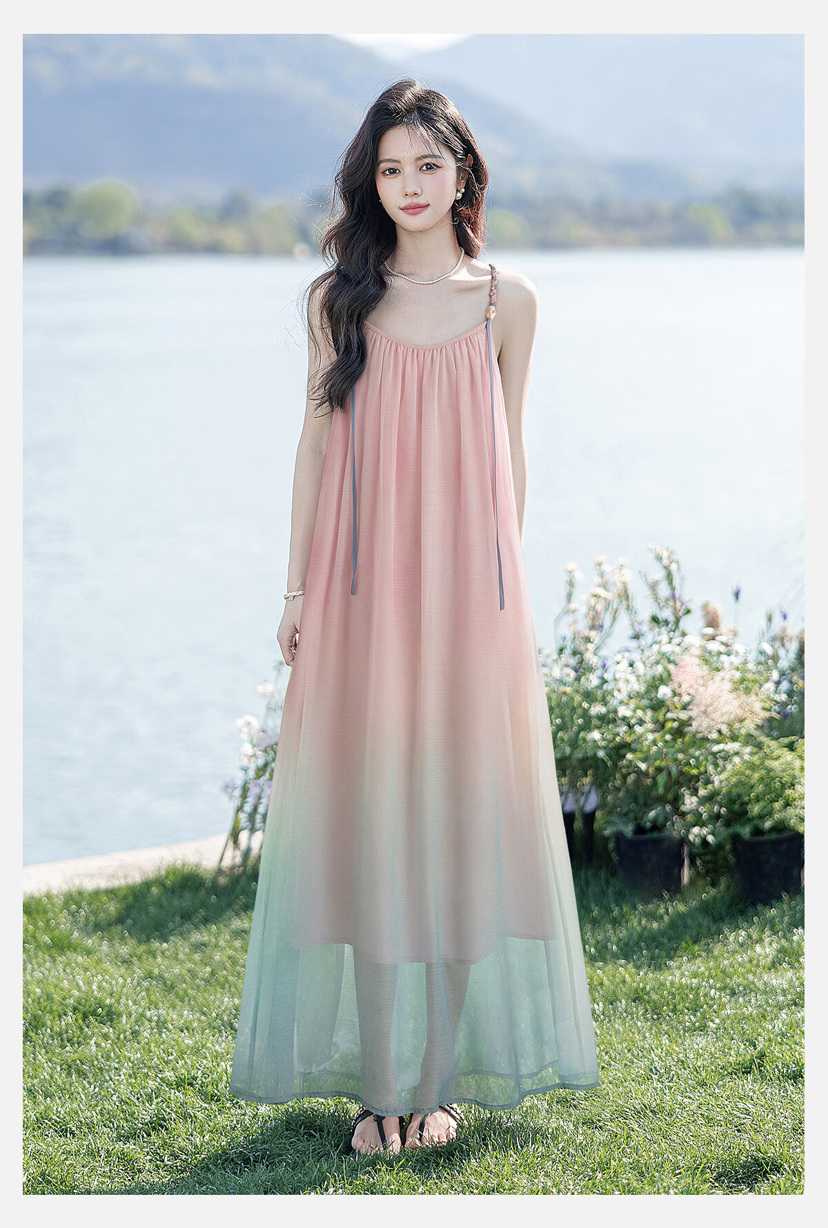 Cypress Gradient Vacation Style Spaghetti Strap Dress for Women 2026 Summer New Fashion Flowing Elegant Long Dress 8