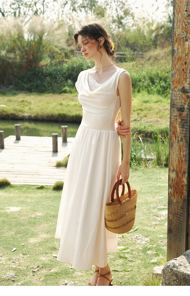 Olrain Eurielle Summer Lyocell Dress French Asymmetric Off-Shoulder Lace Splice Waist Dress White L 14