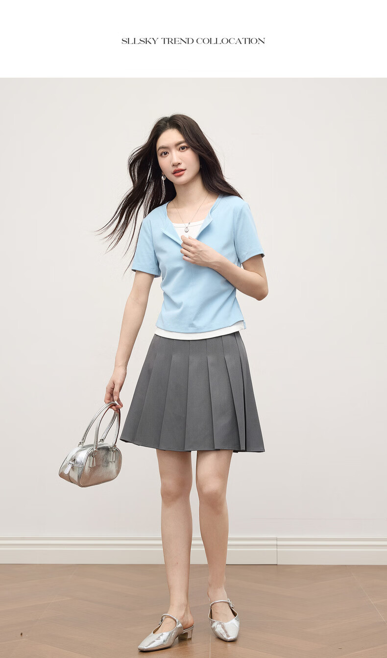 Sllsky Women's Summer 2026 New Slim Fit Shoulder Pleated Waist Short Sleeve Two-Piece Style T-Shirt 16