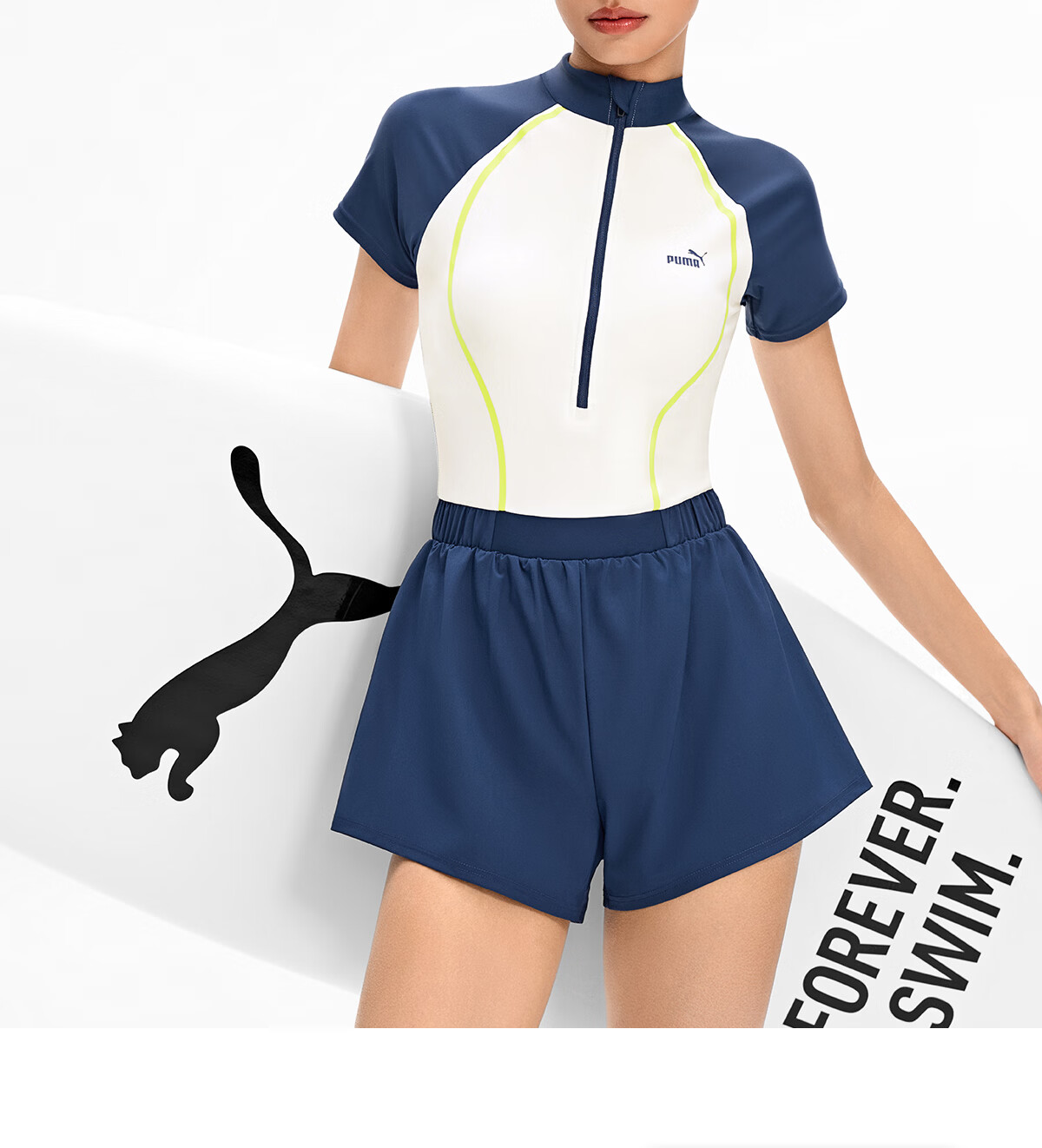 PUMA Women's Swimsuit, 5A Antibacterial Sun Protection, Slim-Fit One-Piece Boyshorts, Fake Two-Piece Design to Prevent Exposure, Detachable Chest Pads, Vacation Swimwear 4