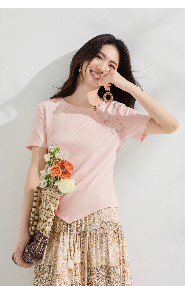Shangdu Bila Gentle Elegant Cotton Blend T-Shirt Women Summer Beaded Round Neck Lace Splice Stretch Knit Short Sleeve Top 26