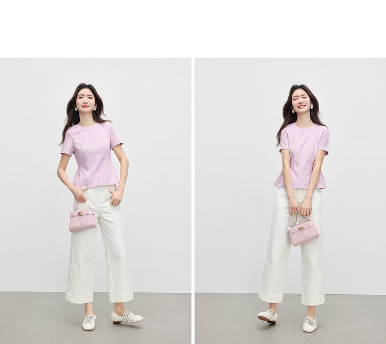 Sllsky Beautiful Pink Purple Short Sleeve T-Shirt Women Summer Round Neck Ruffle Hem Short Shoulder Crop Top 15