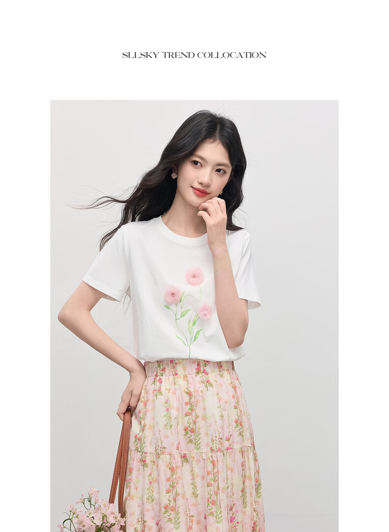 Sllsky Artistic 3D Floral Short Sleeve T-Shirt for Women 2026 Summer New Casual Loose Printed Cool Top 17
