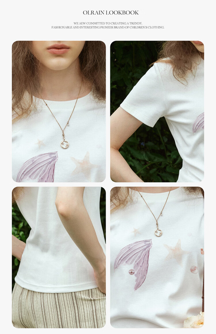 Olrain Eurielle Summer New Fun Colorblock Ocean Print Crew Neck Short Sleeve T-Shirt Women Casual Top White M 6