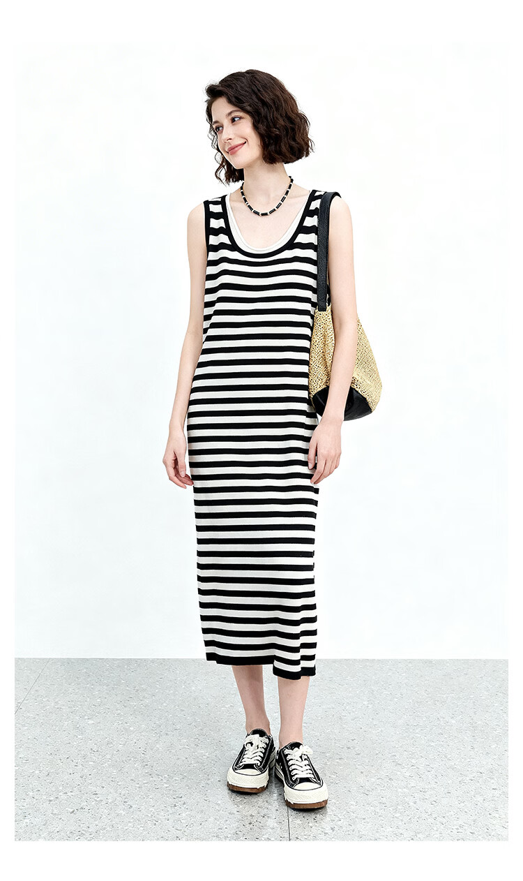 ENC Black and White Striped Vest Dress Loose Straight Fit Youthful 2026 Women's Spring Summer Casual Workwear Versatile Dress 8