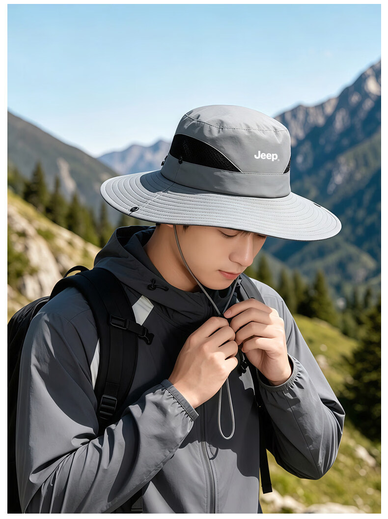JEEP Men's Summer Outdoor Hiking Sun Protection Fisherman Hat Foldable Large Brim Sunshade Cap 14