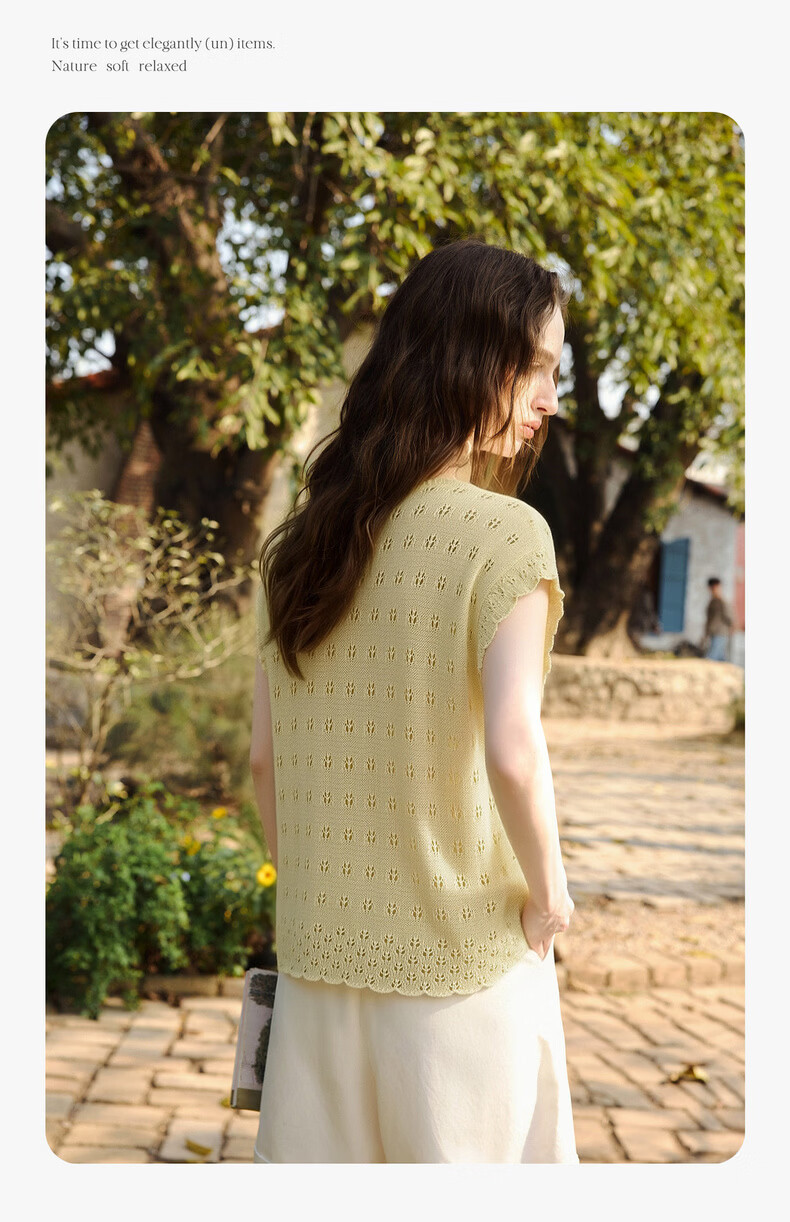 Olrain Summer New Round Neck Tie Single-Breasted Hollow Jacquard Knit Cardigan Women Top Yellow S 7